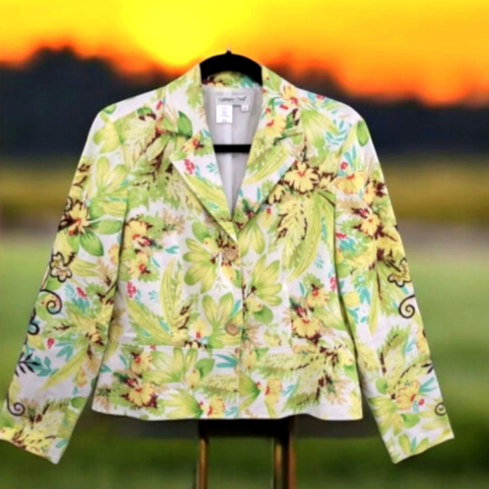 Womens  Linen  Blazer Jacket  Blend Green Floral‎ B…
